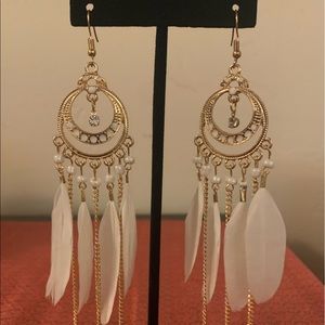 Boho white feather and gold earrings